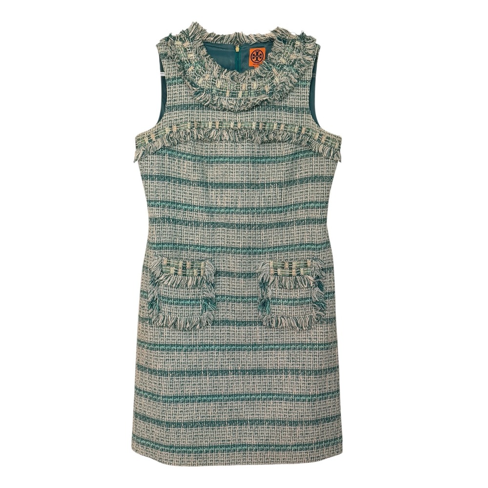 Tory Burch Teal Green Striped Tweed Fringed Sleeveless Shift Dress Size 12